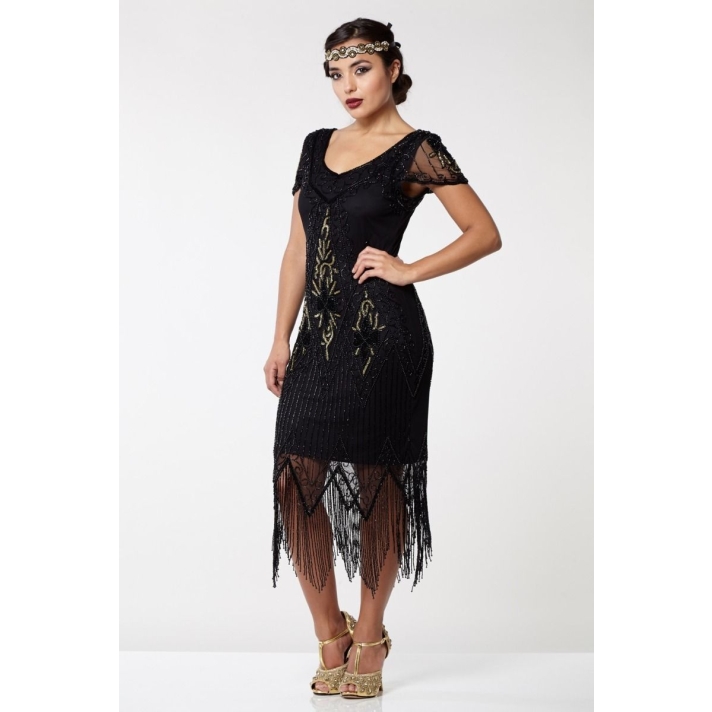 Gatsby 1920s Black And Gold Beaded Evening Dress