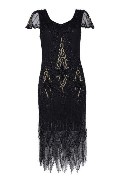 Gatsby 1920s Black And Gold Beaded Evening Dress