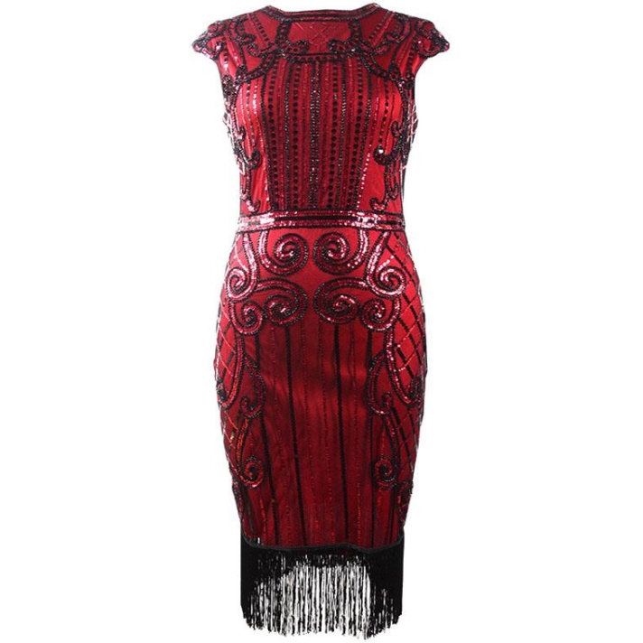 1920s Gatsby Burgundy Red and Black Sequin Evening Dress H36