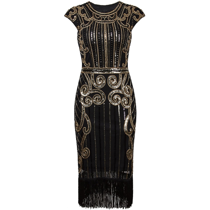 1920s Gatsby Black Gold Sequin Evening Dress H9