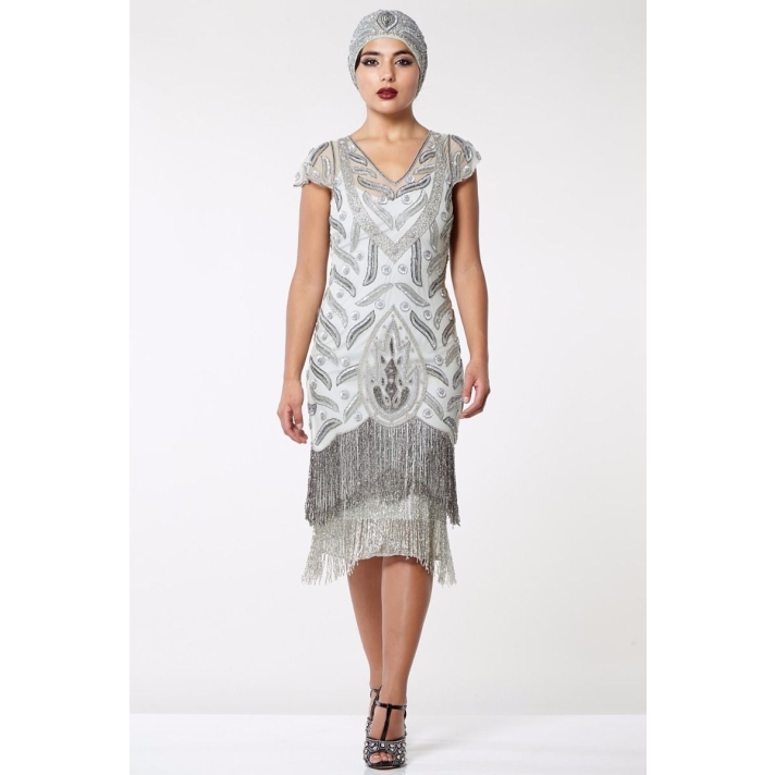 1920s Silver Grey Beaded Evening Dress
