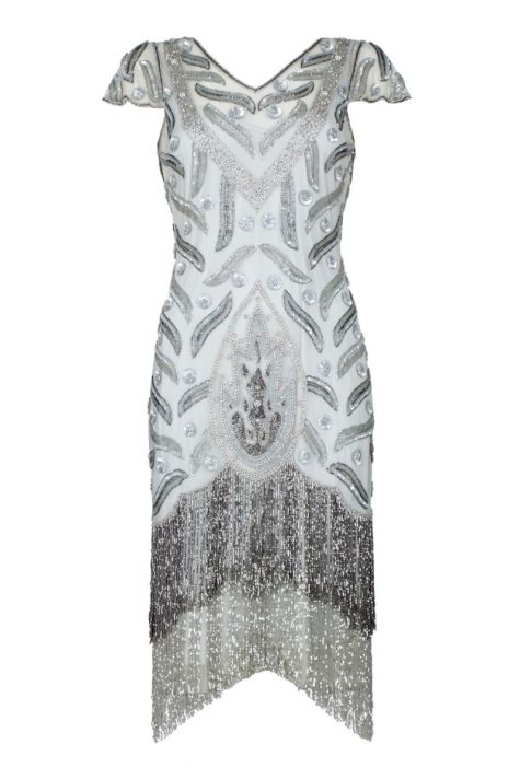 1920s Silver Grey Beaded Evening Dress