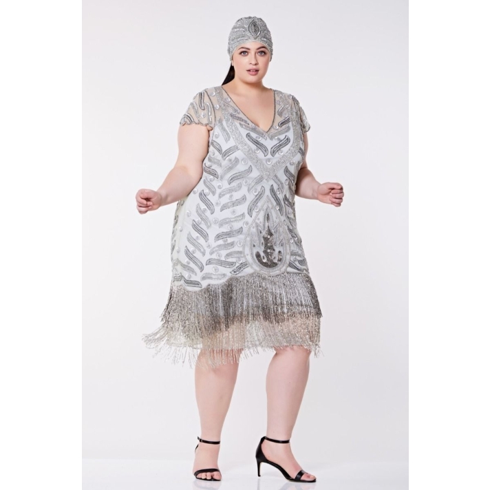 1920s Silver Grey Beaded Evening Dress