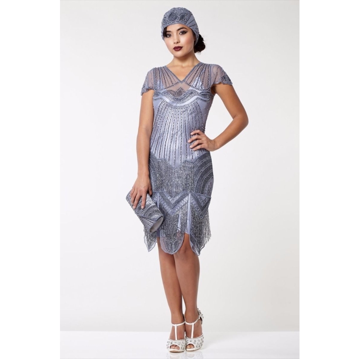 1920s Gatsby Lilac Grey Beaded Evening Dress Beatrice