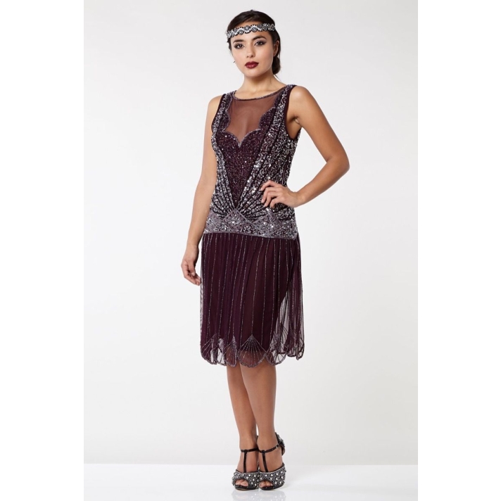 1920s Gatsby Plum Silver Sequin Evening Dress Elaina H9A