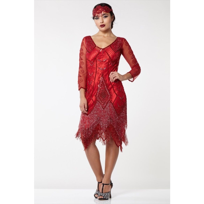 1920s Gatsby Red Beaded Evening Dress Scarlett