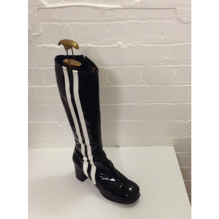 1960s Biba Black And White Stripe Patent Boots Fantasy Shoes 8