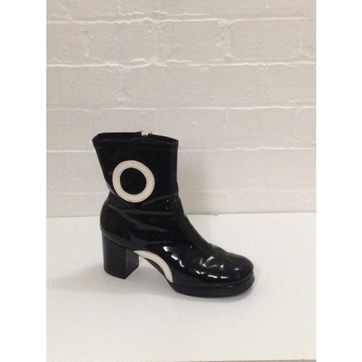 1960s Biba Black White Circle Patent Ankle Boots Fantasy Shoes