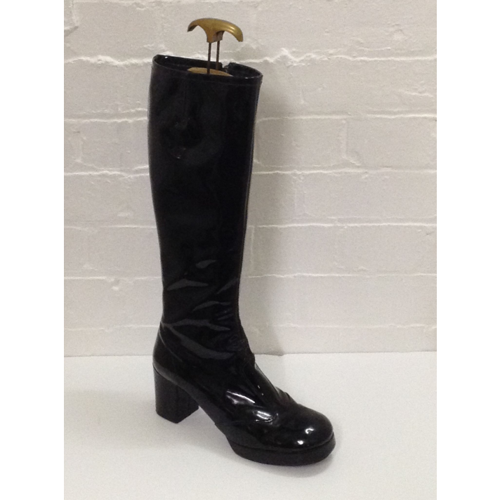 1960s patent biba plain black ladies girls Zip Up hire long boot Fantasy Shoes UK 7